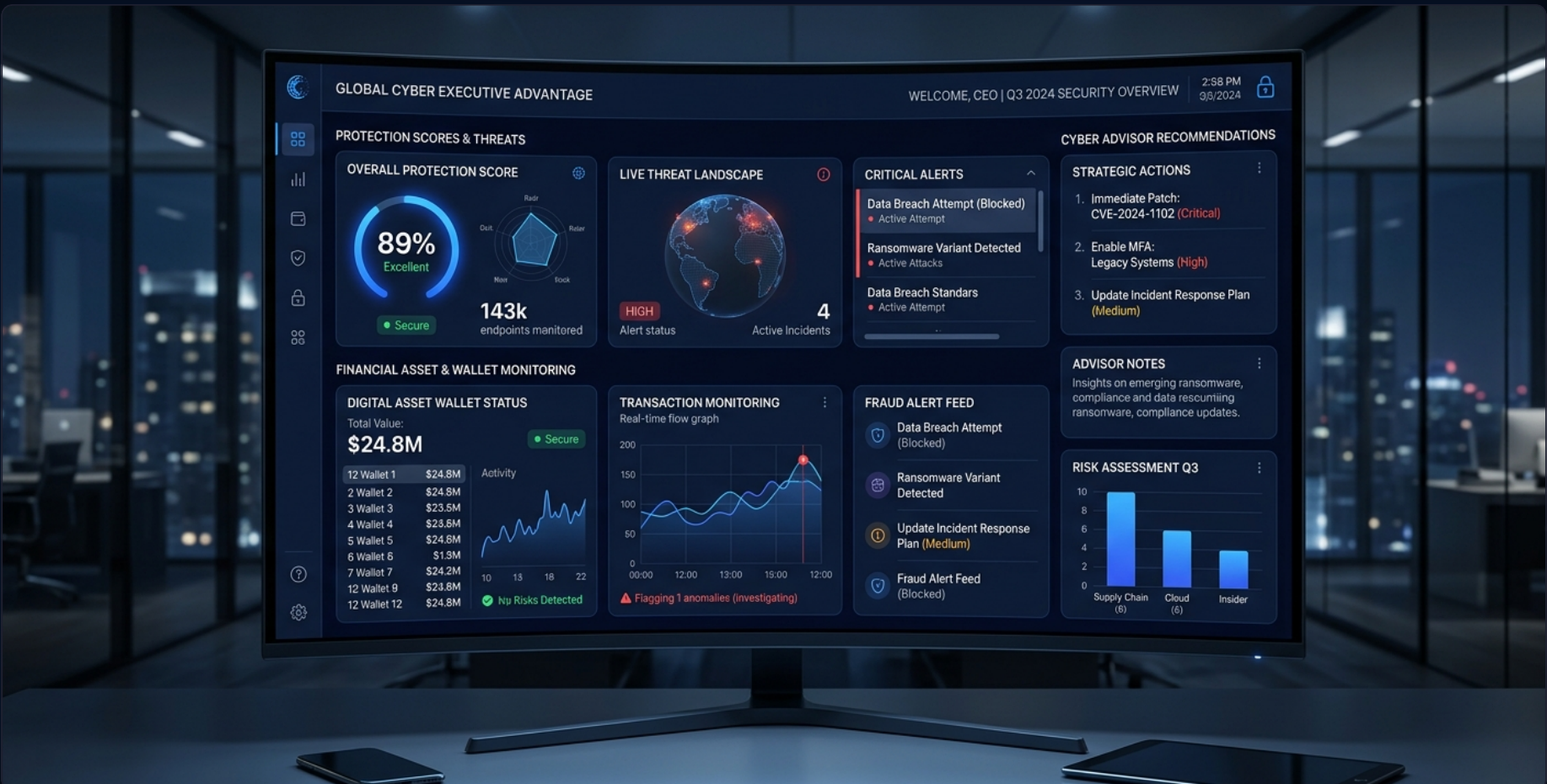 TrapSec executive protection dashboard shown on a curved monitor
